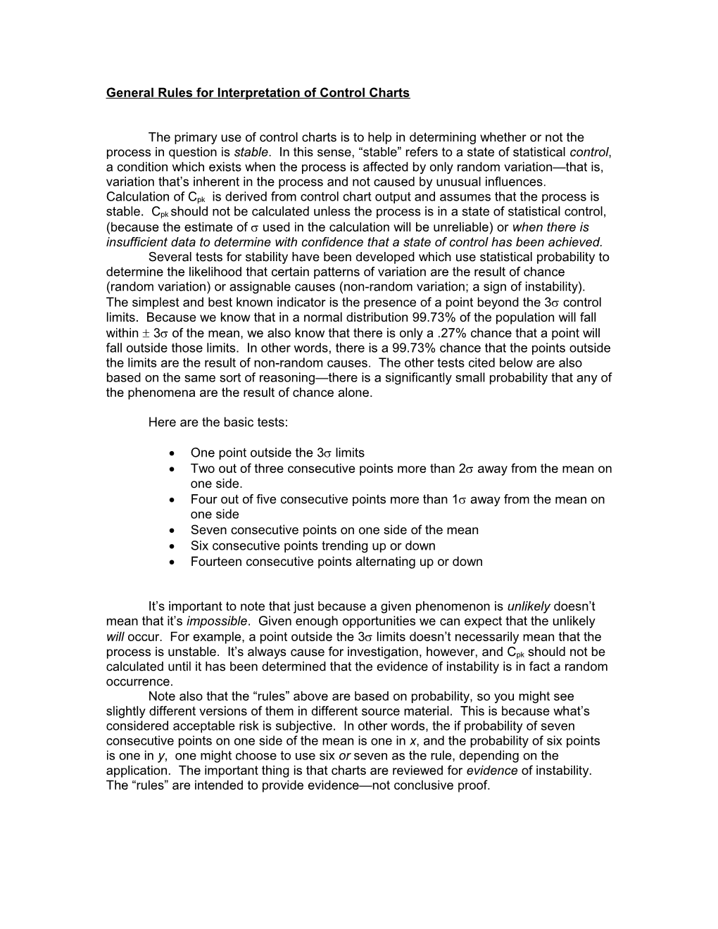 General Rules for Interpretation of Control Charts