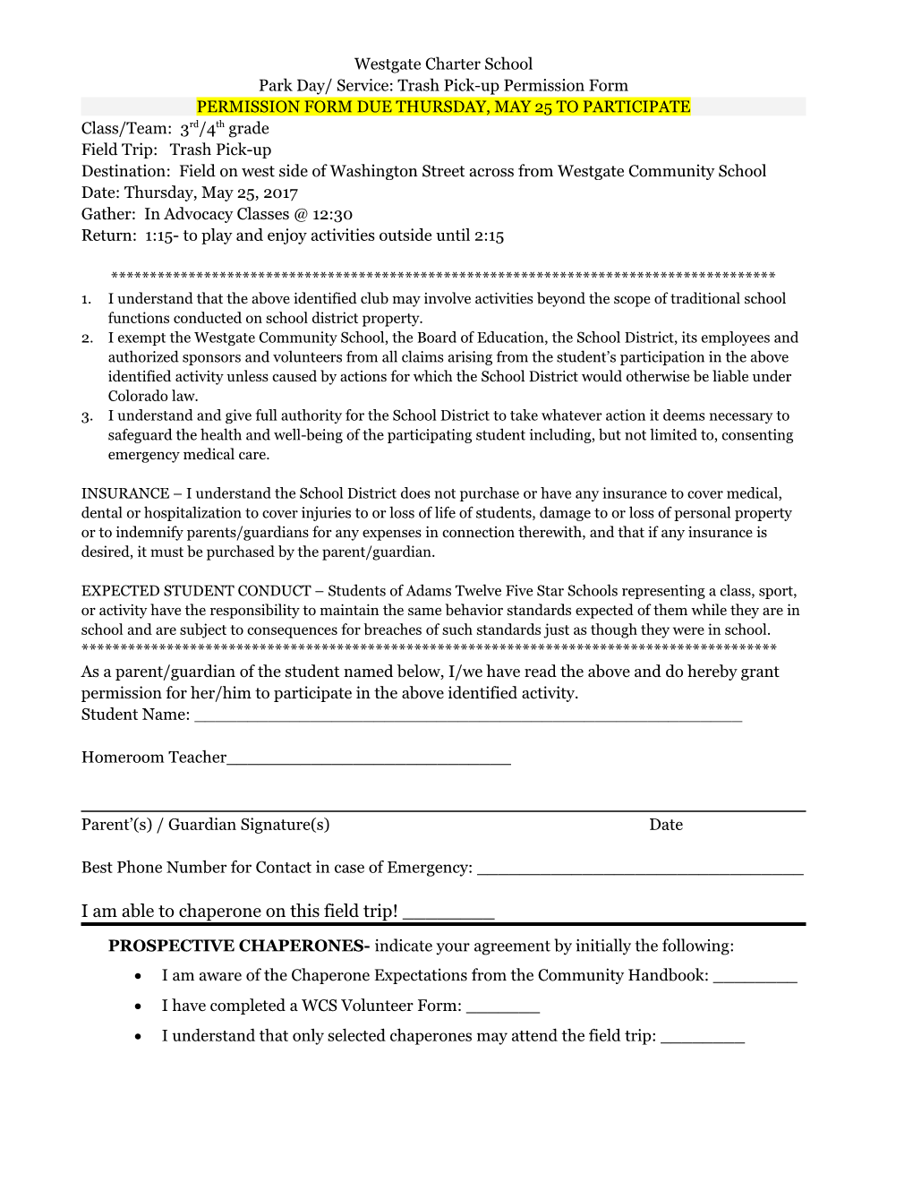 Student Field Trip Permission Form