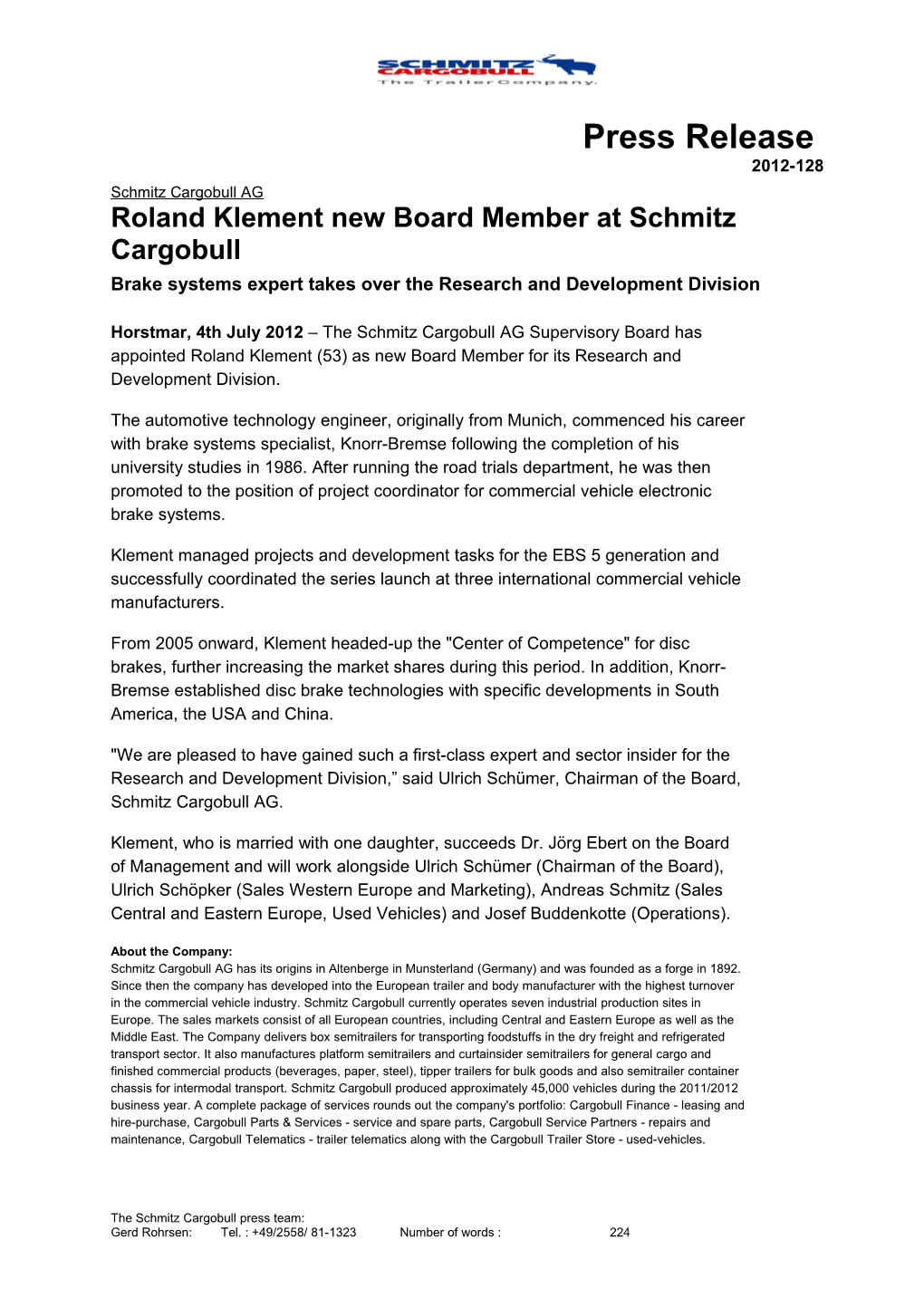 Roland Klement New Board Member at Schmitz Cargobull