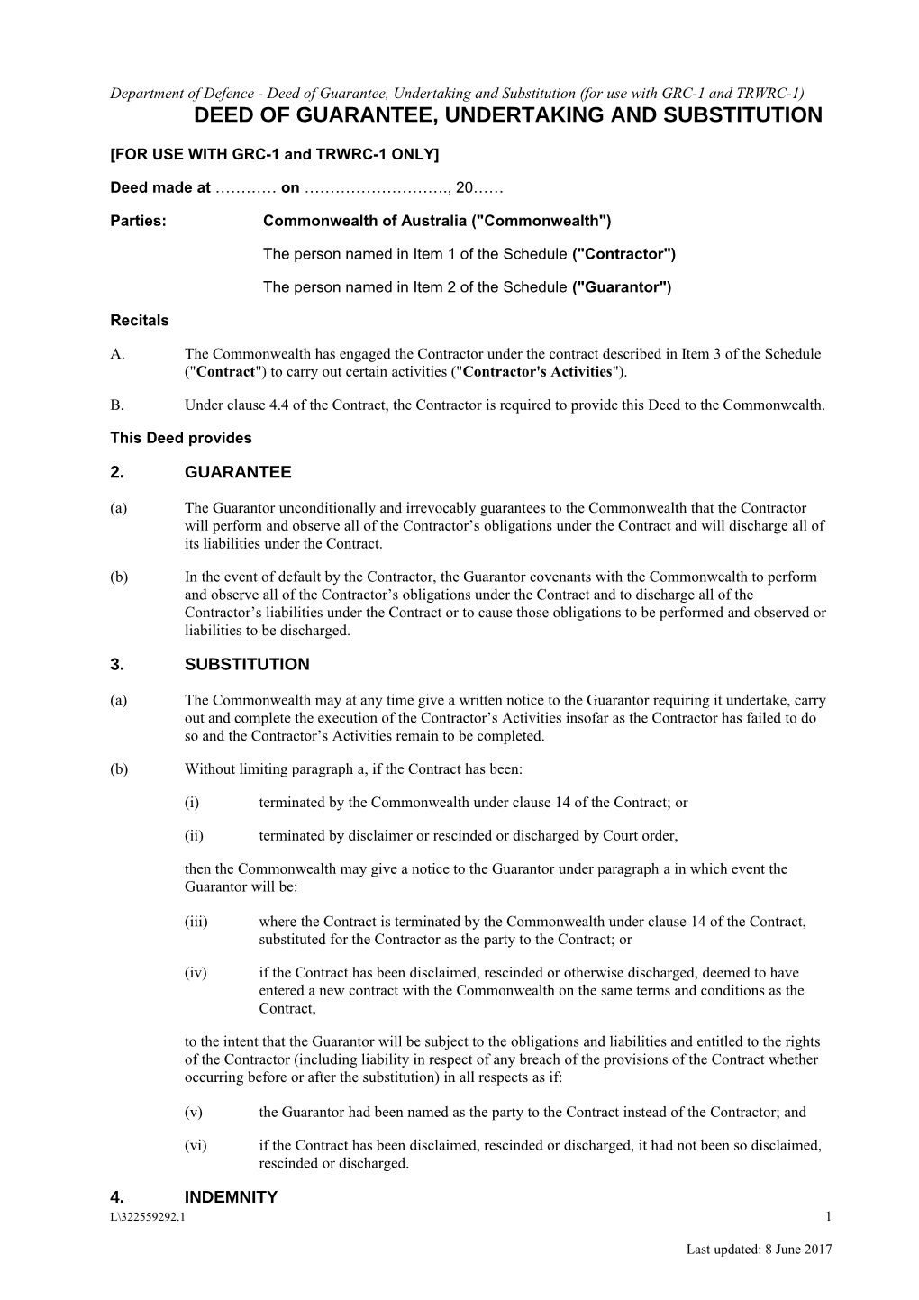 Deed of Guarantee, Undertaking and Substitution