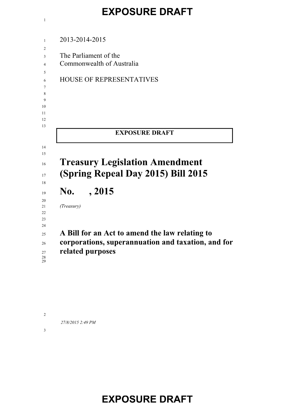 Exposure Draft: Treasury Legislation Amendment (Spring Repeal Day) Bill 2015