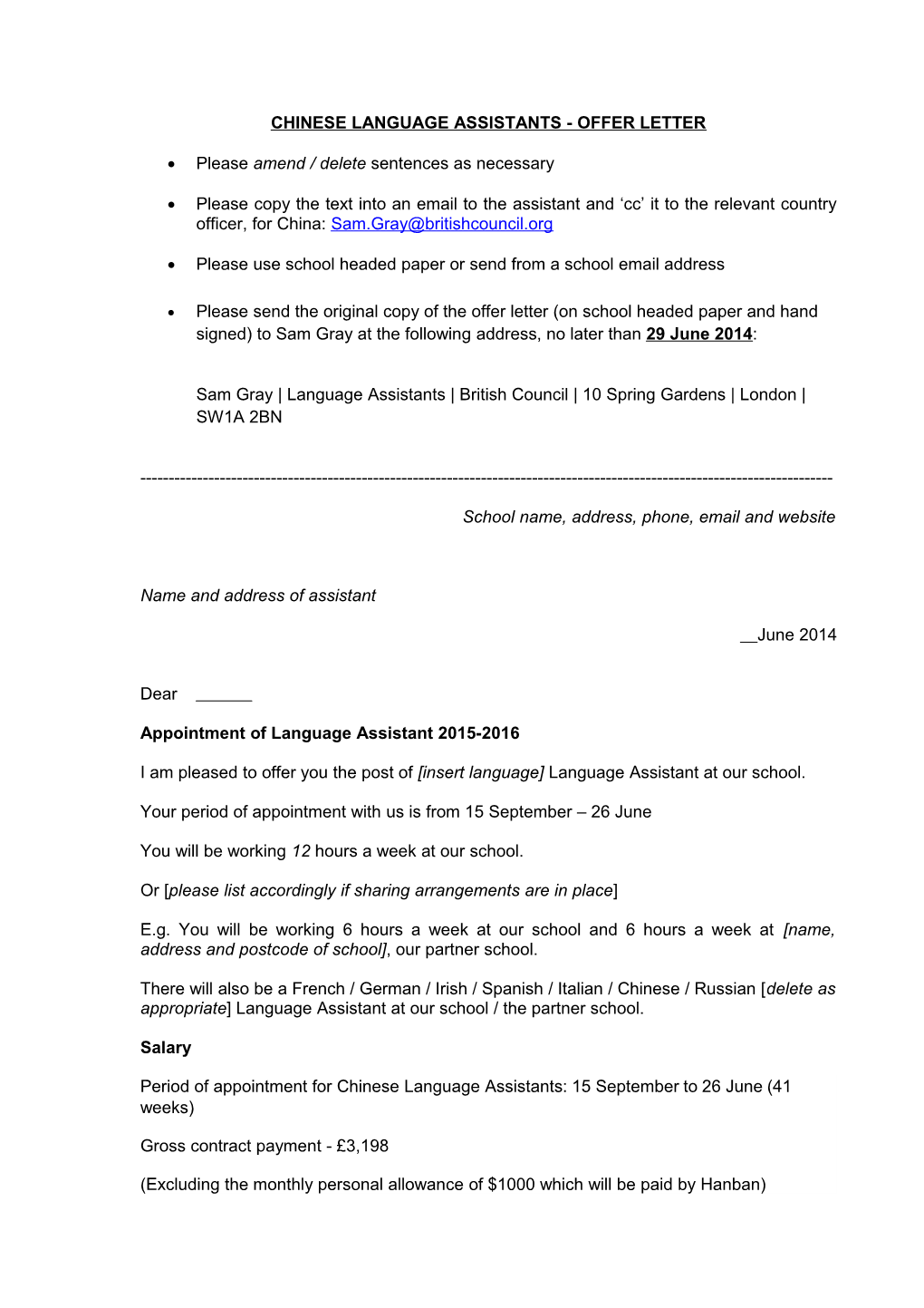 Chinese Language Assistants - Offer Letter