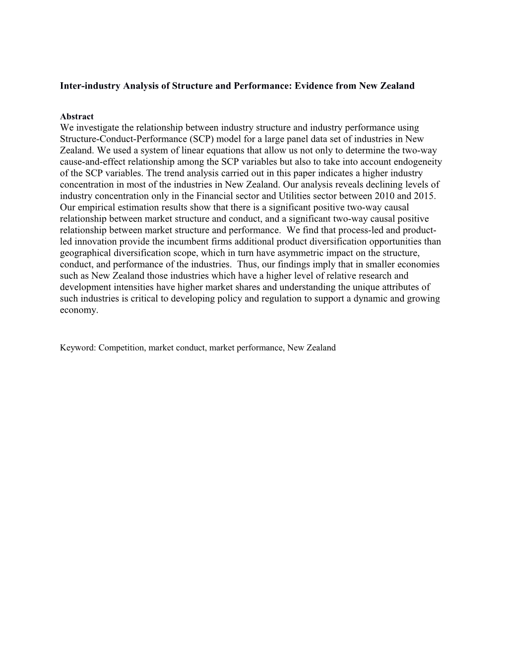 Inter-Industry Analysis of Structure and Performance: Evidence from New Zealand