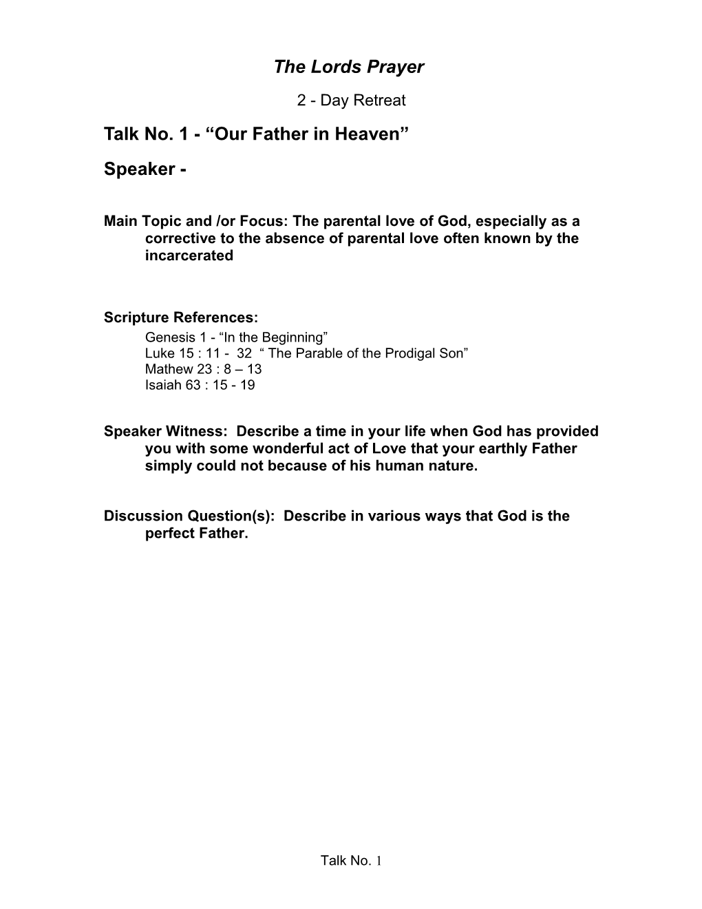 Talk No. 1 - Our Father in Heaven