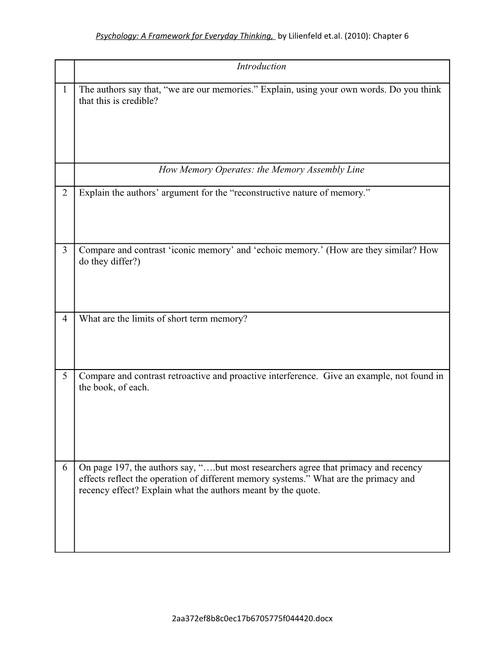 Psychology: a Framework for Everyday Thinking, Bylilienfeld Et.Al. (2010): Chapter 6