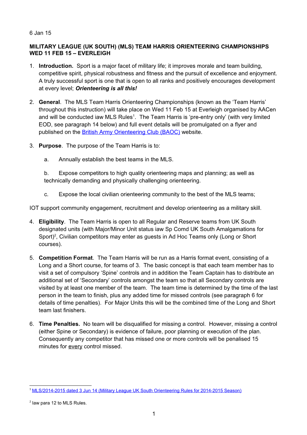 Military League (Uk South) (Mls) Team Harris Orienteering Championships Wed 11 Feb 15