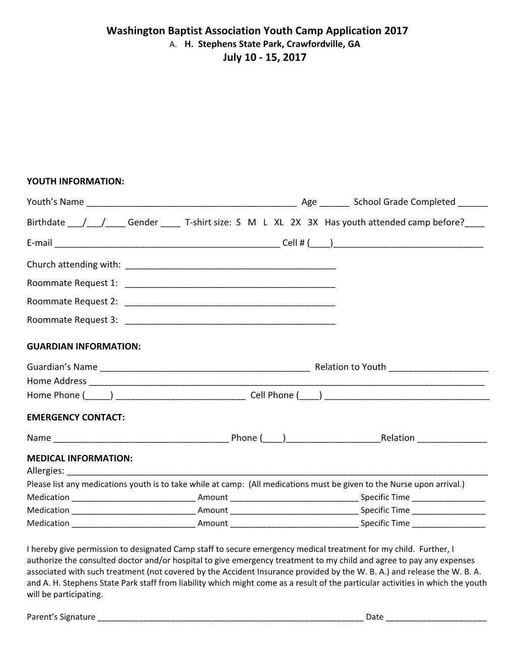 Washington Baptist Association Youth Camp Application 2017