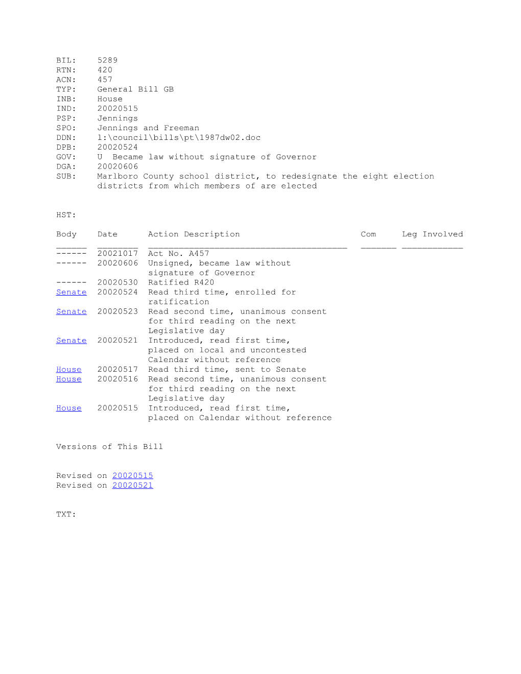 2001-2002 Bill 5289: Marlboro County School District, to Redesignate the Eight Election