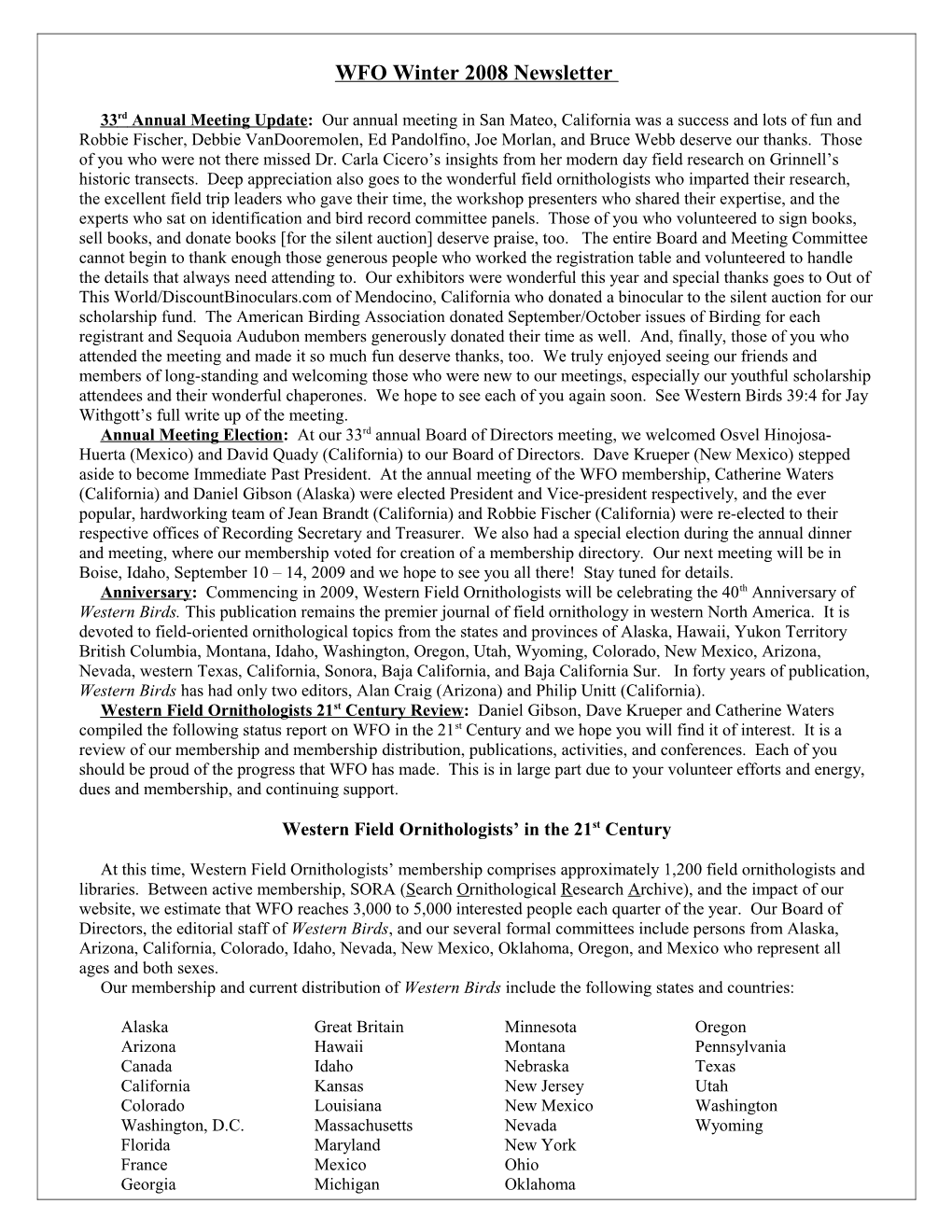 WFO Winter 2008 Newsletter