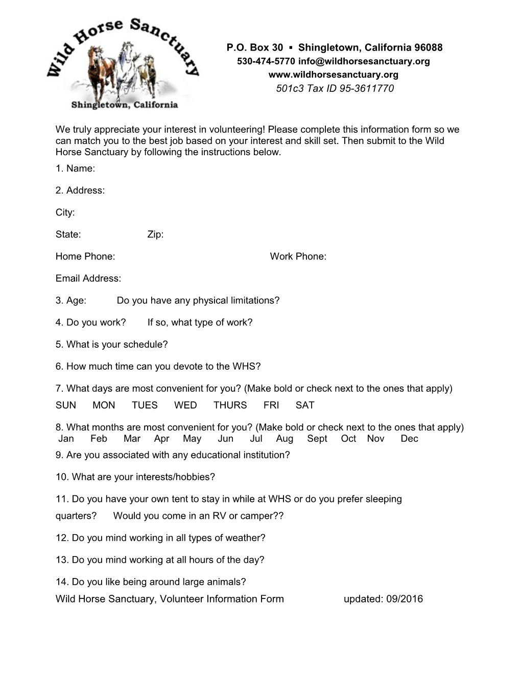 This Is the Volunteer Application Form for the Wild Horse Sanctuary