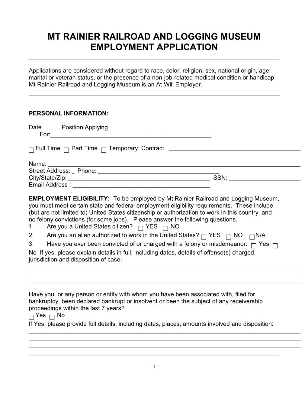 Mt Rainier Railroad and Logging Museum Employment Application