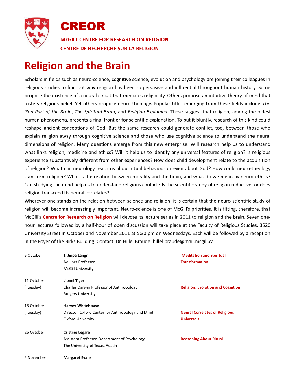 Mcgill CENTRE for RESEARCH on RELIGION