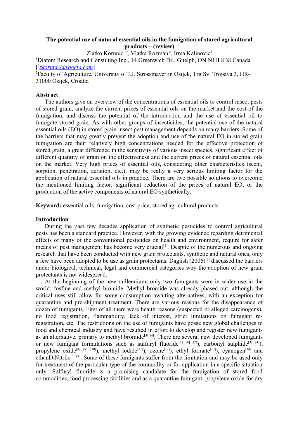 The Potential Use of Natural Essential Oils in the Fumigation of Stored Agricultural Products