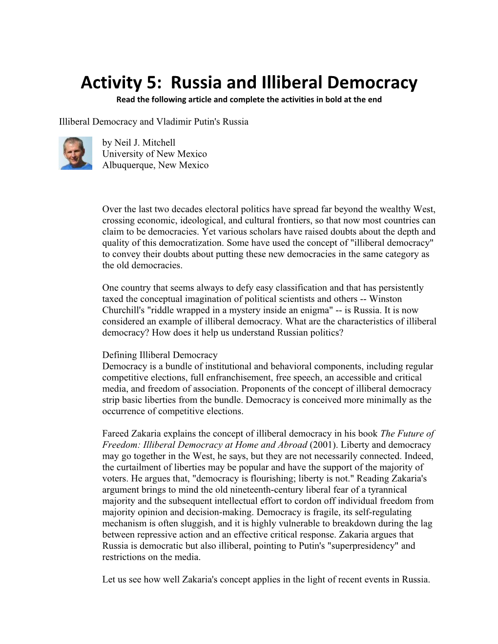 Activity 5: Russia and Illiberal Democracy