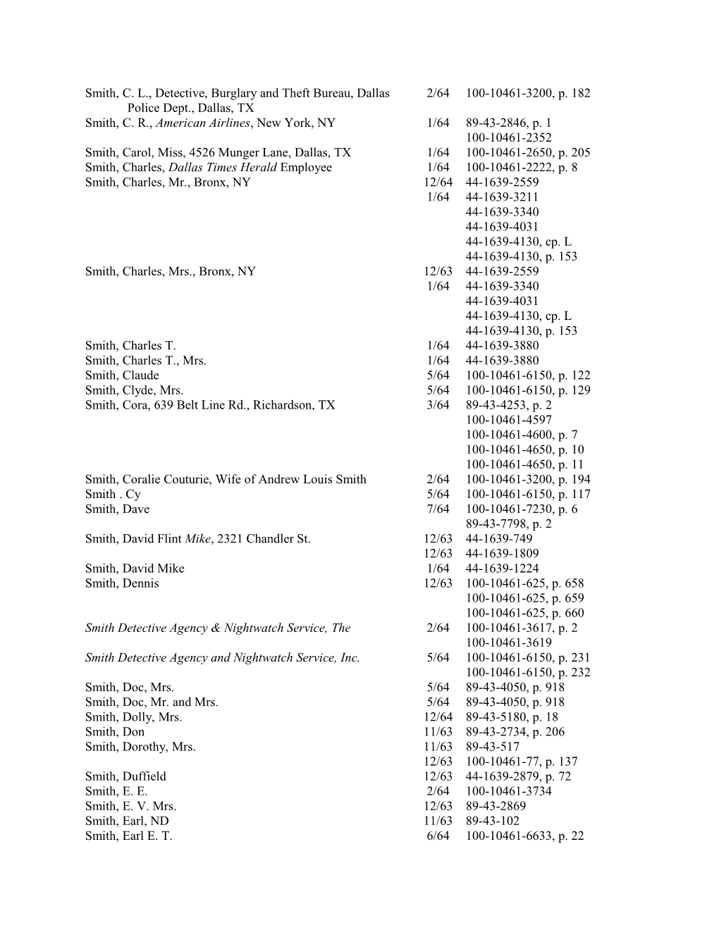 Smith, C. L., Detective, Burglary and Theft Bureau, Dallas 2/64 100-10461-3200, P. 182