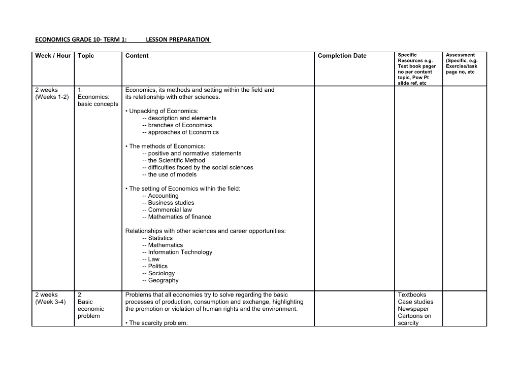 Economics Grade 10- Term 1:Lesson Preparation