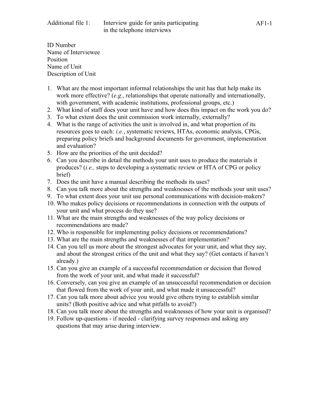 Appendix 2: Questionnaire for Units Producing Clinical Practice Guidelines Or Health Technology
