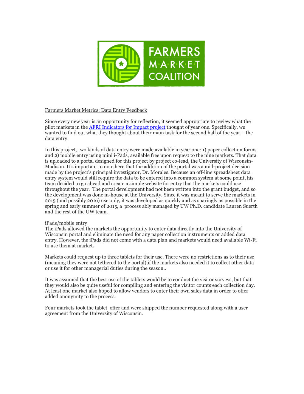 Farmers Market Metrics: Data Entry Feedback