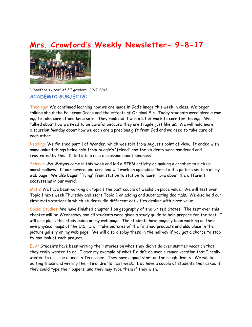 Mrs. Crawford S Weekly Newsletter- 9-8-17