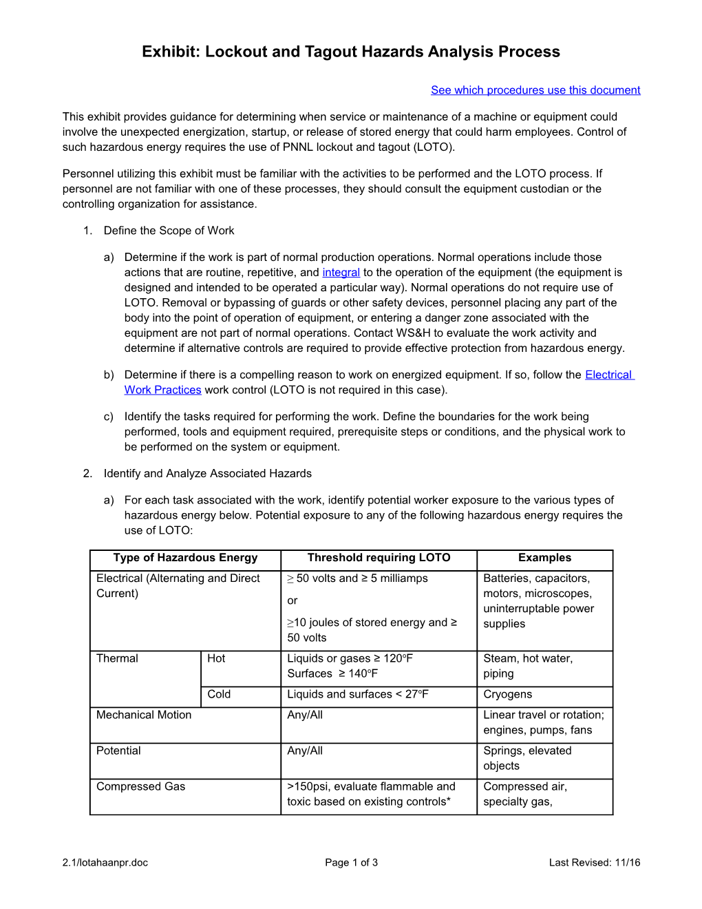 Lockout and Tagout Hazards Analysis Process