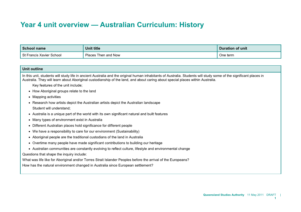 Year 4 Unit Overview Australian Curriculum: Science