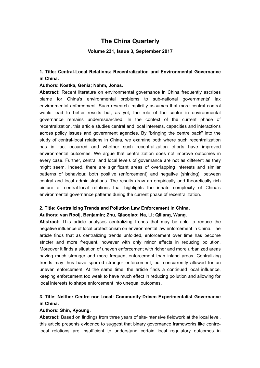 1. Title: Central-Local Relations: Recentralization and Environmental Governance in China