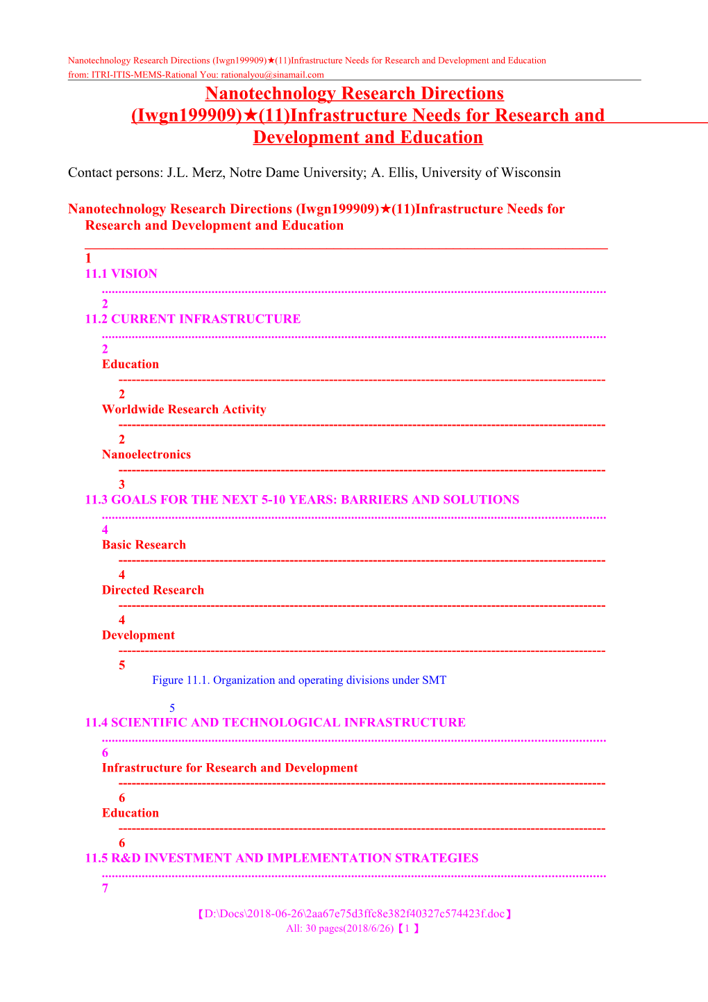 Nanotechnology Research Directions (Iwgn199909) (11)Infrastructure Needs for Research And