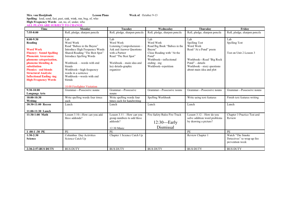 Mrs. Van Hooijdonk Lesson Plans Week of : October 9-13