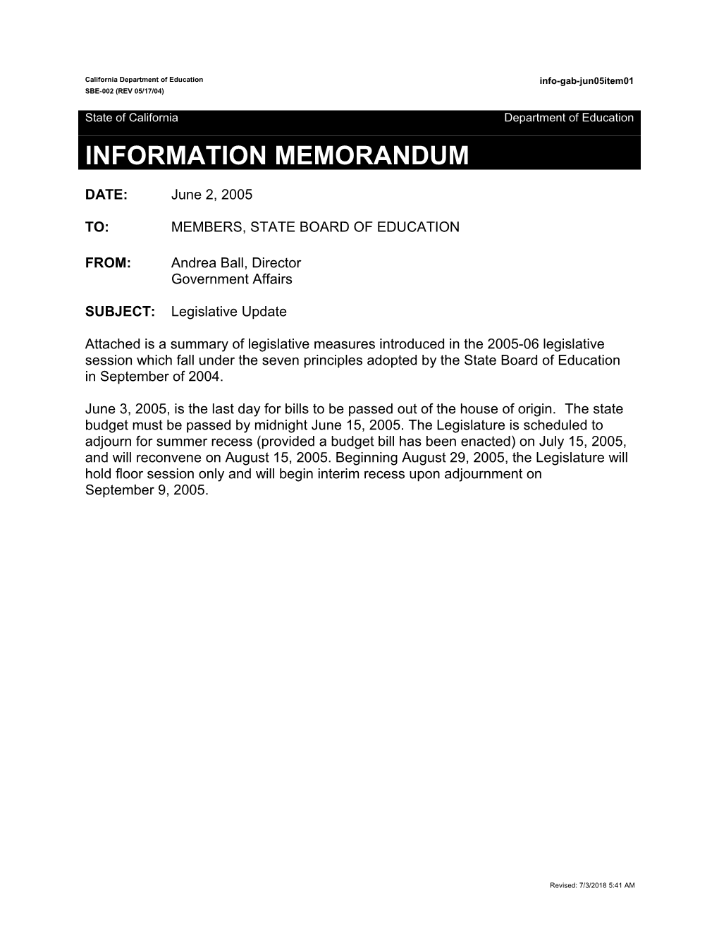 June 2005 GAB Item 1 - Information Memorandum (CA State Board of Education)