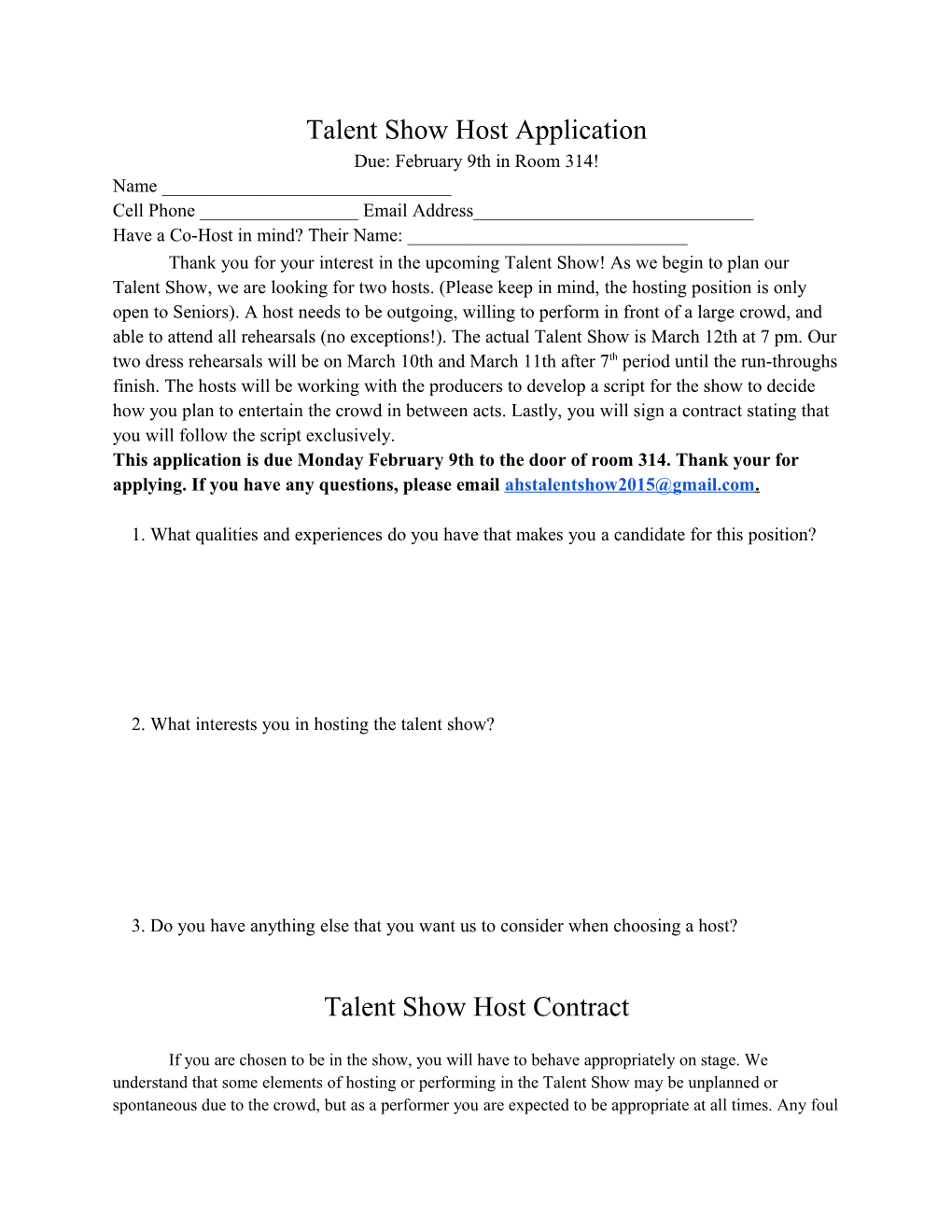 Talent Show Host Application