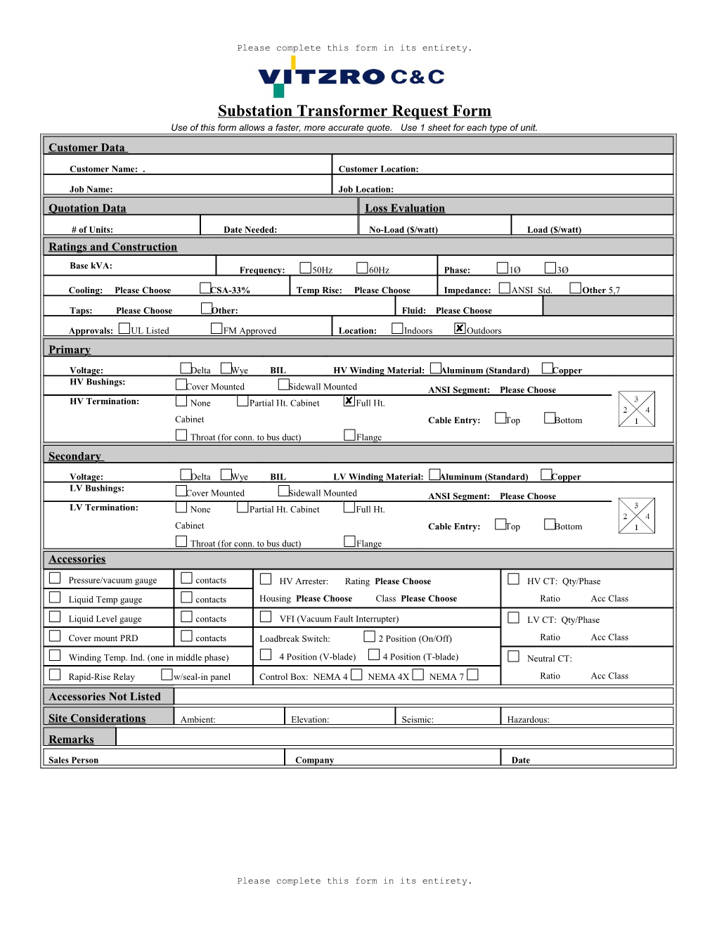 Substation Transformer Request Form