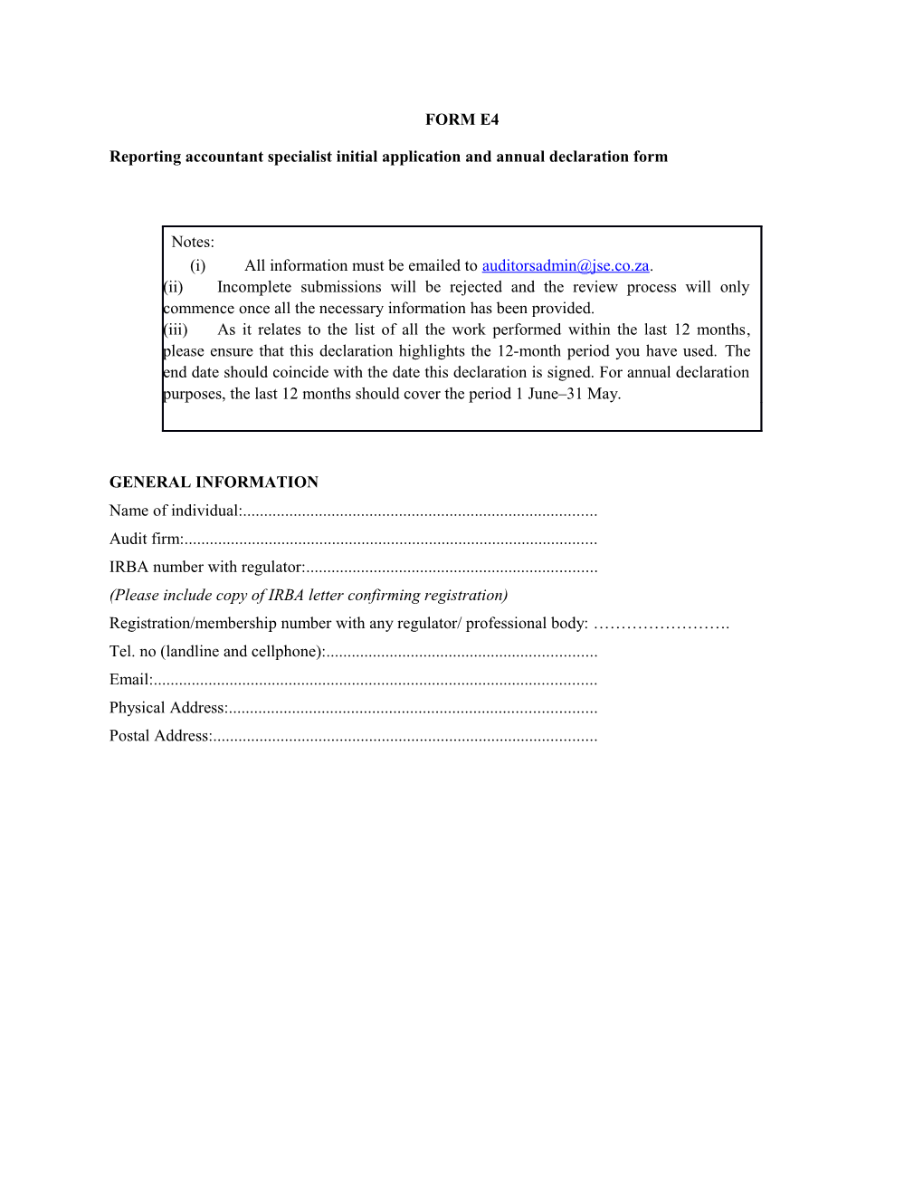 Reporting Accountant Specialist Initial Application and Annual Declaration Form