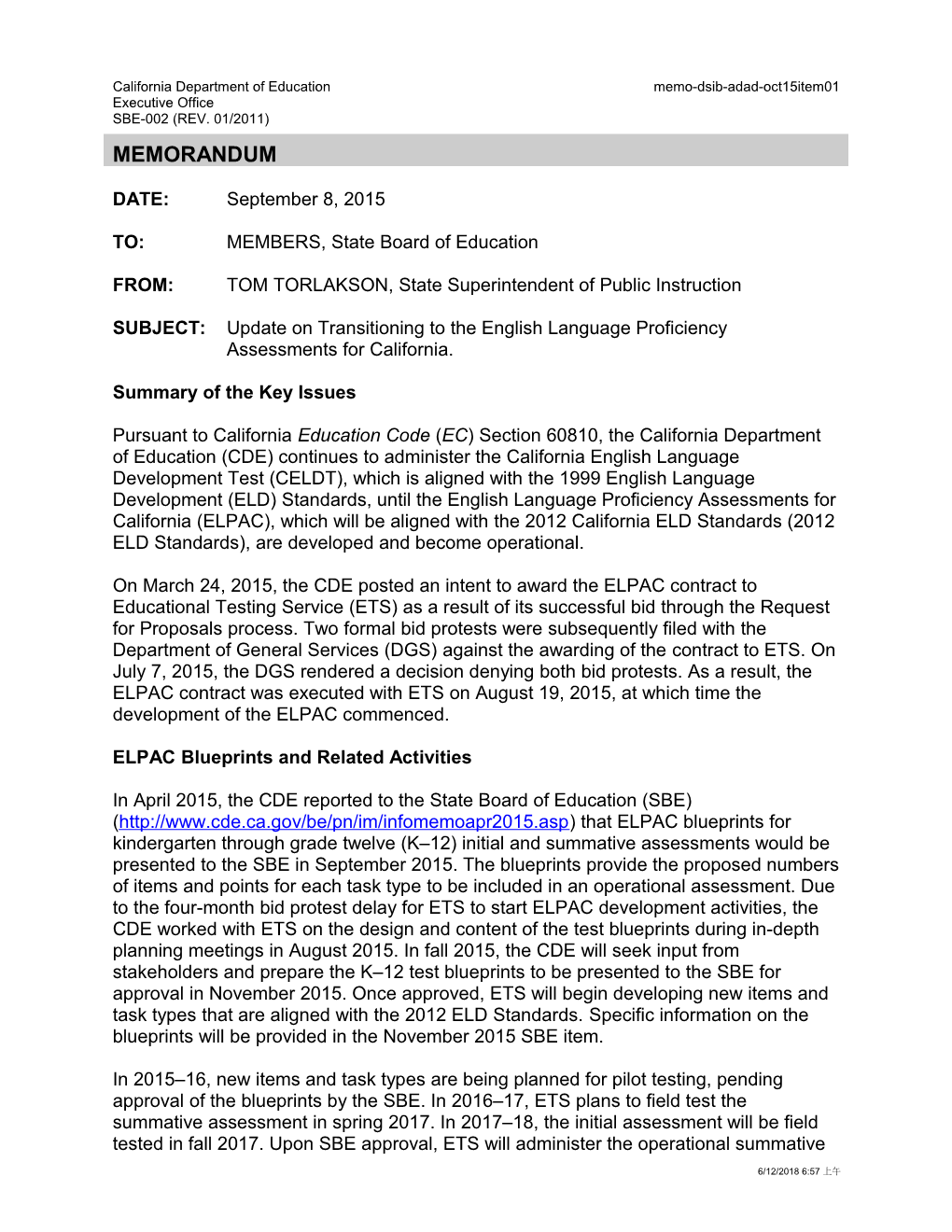 October 2015 Memo DSIB ADAD Item 01 - Information Memorandum (CA State Board of Education)