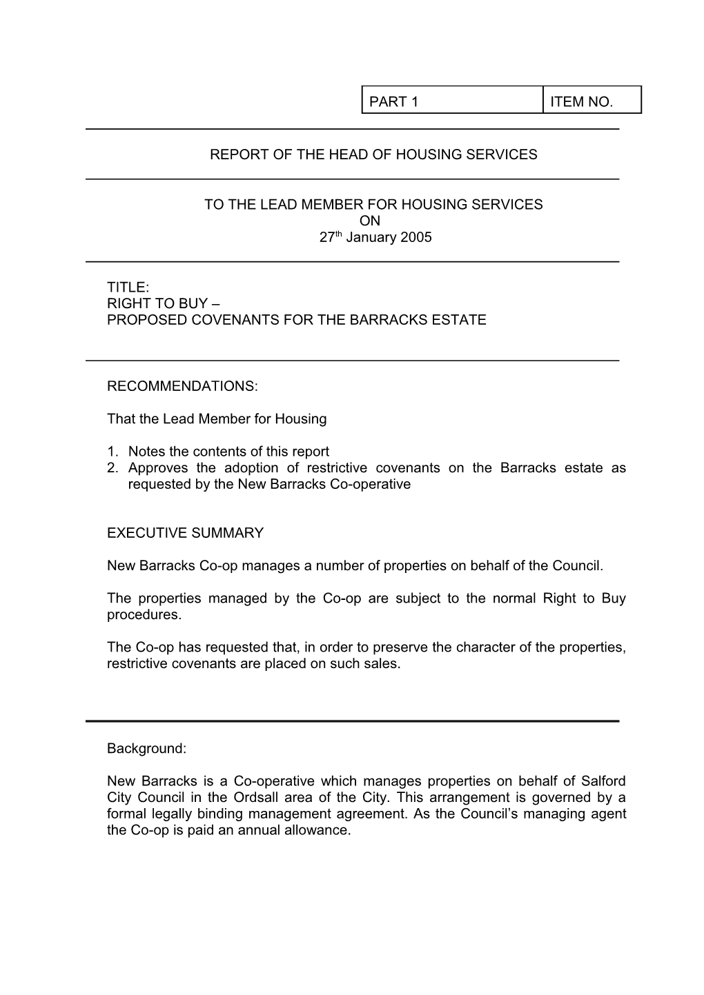 Report of the Head of Housing Services