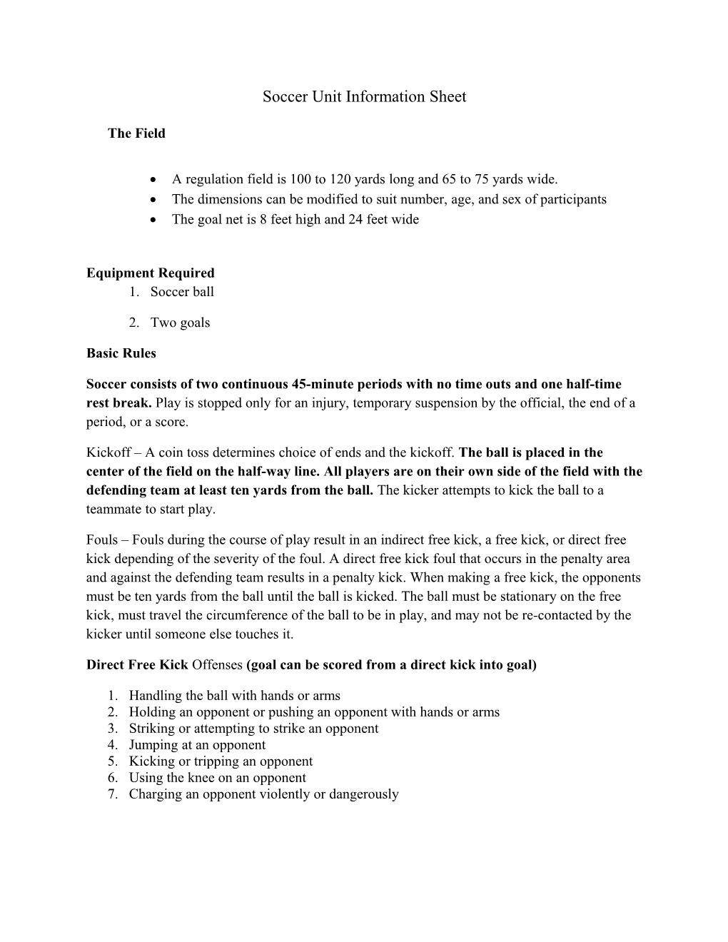 Soccer Unit Information Sheet