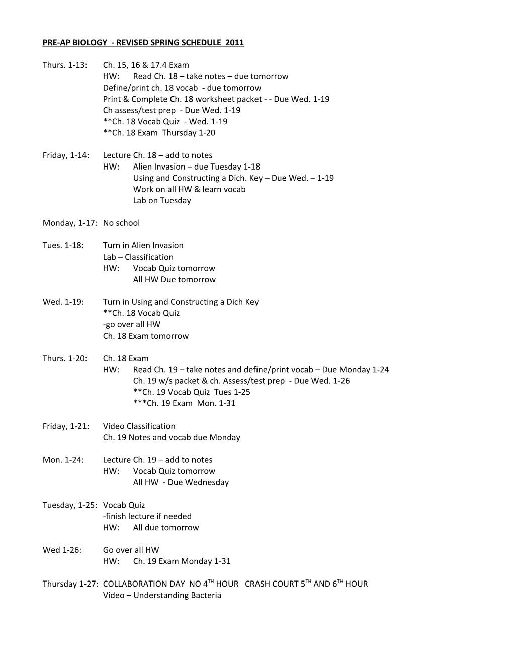 Pre-Ap Biology - Revised Spring Schedule 2011