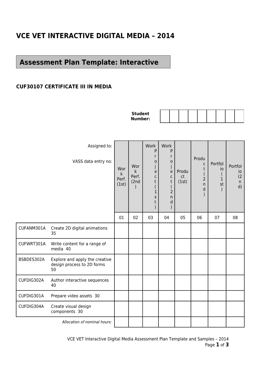 VCE VET Interactive Digital Media - Assessment Plan - Template and Sample