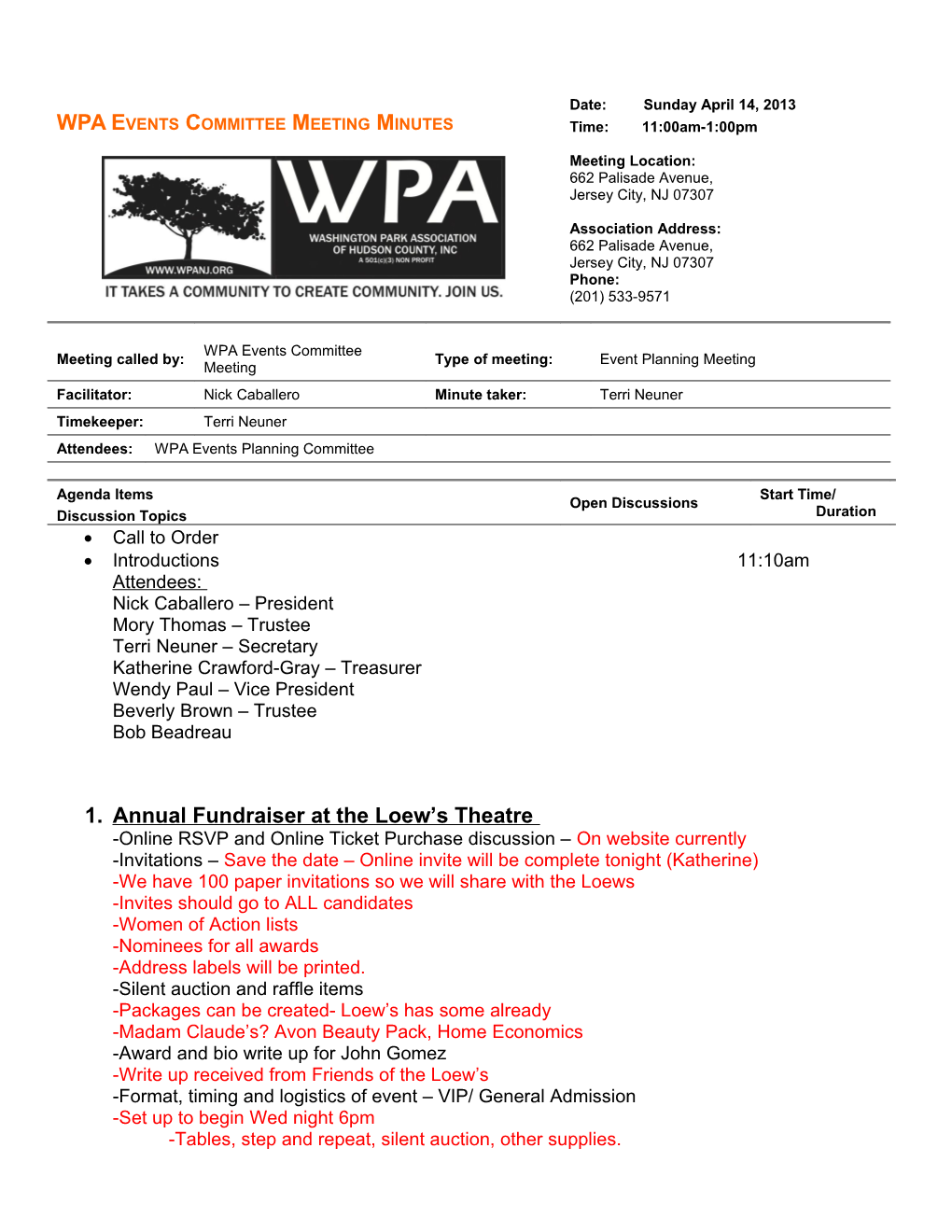 WPA Events Committee Meeting Minutes