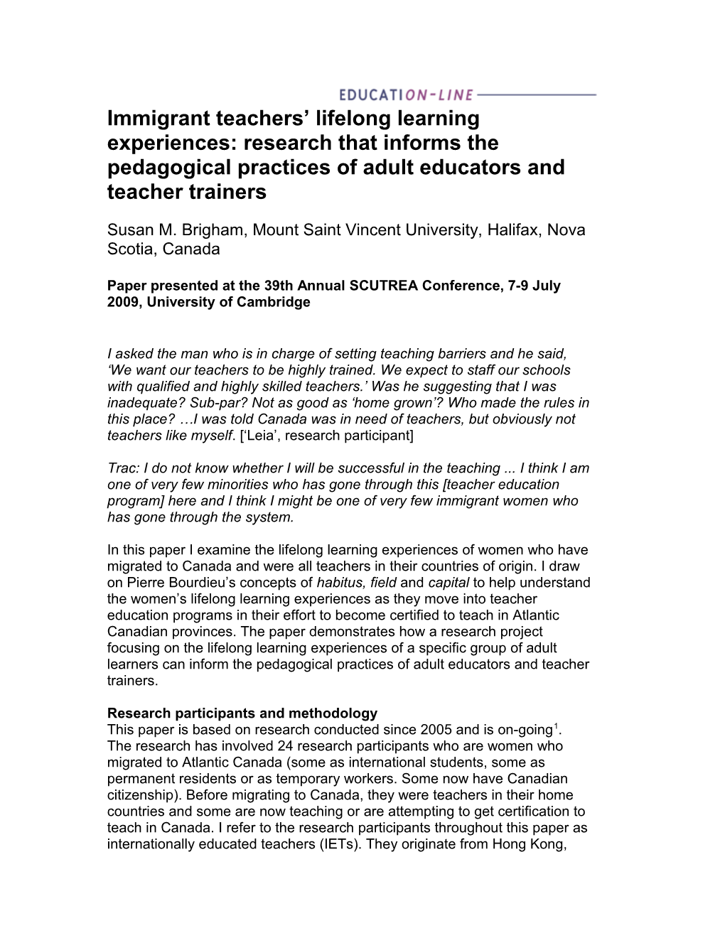 Immigrant Teachers Lifelong Learning Experiences: Research That Informs the Pedagogical