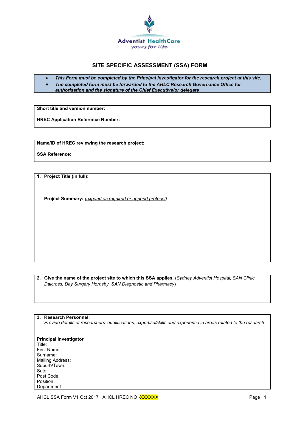 Site Specific Assessment (Ssa) Form