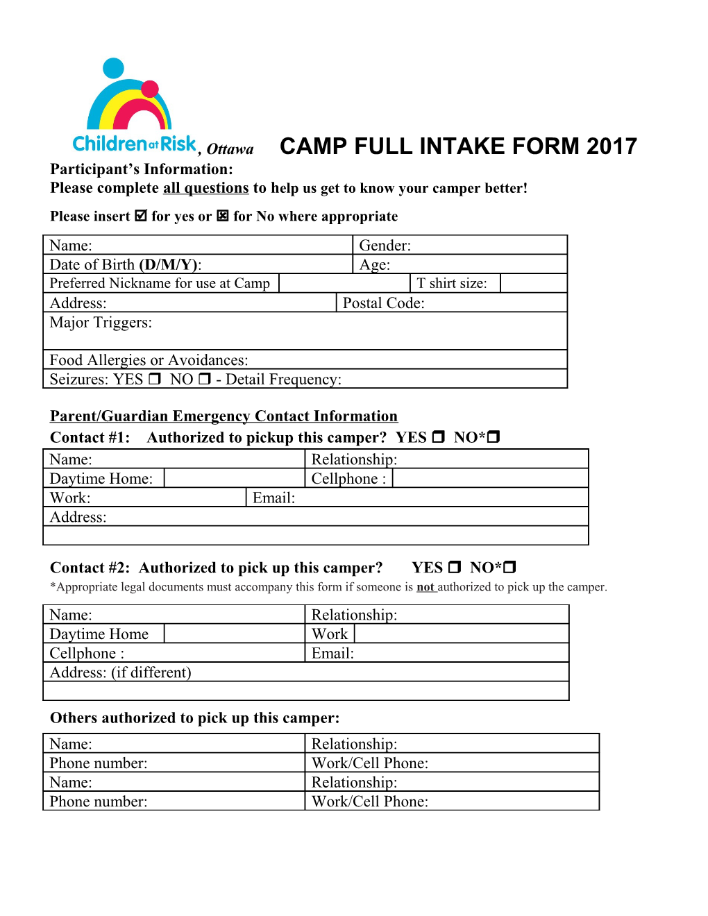 Please Complete All Questions to Help Usget to Know Your Camper Better!