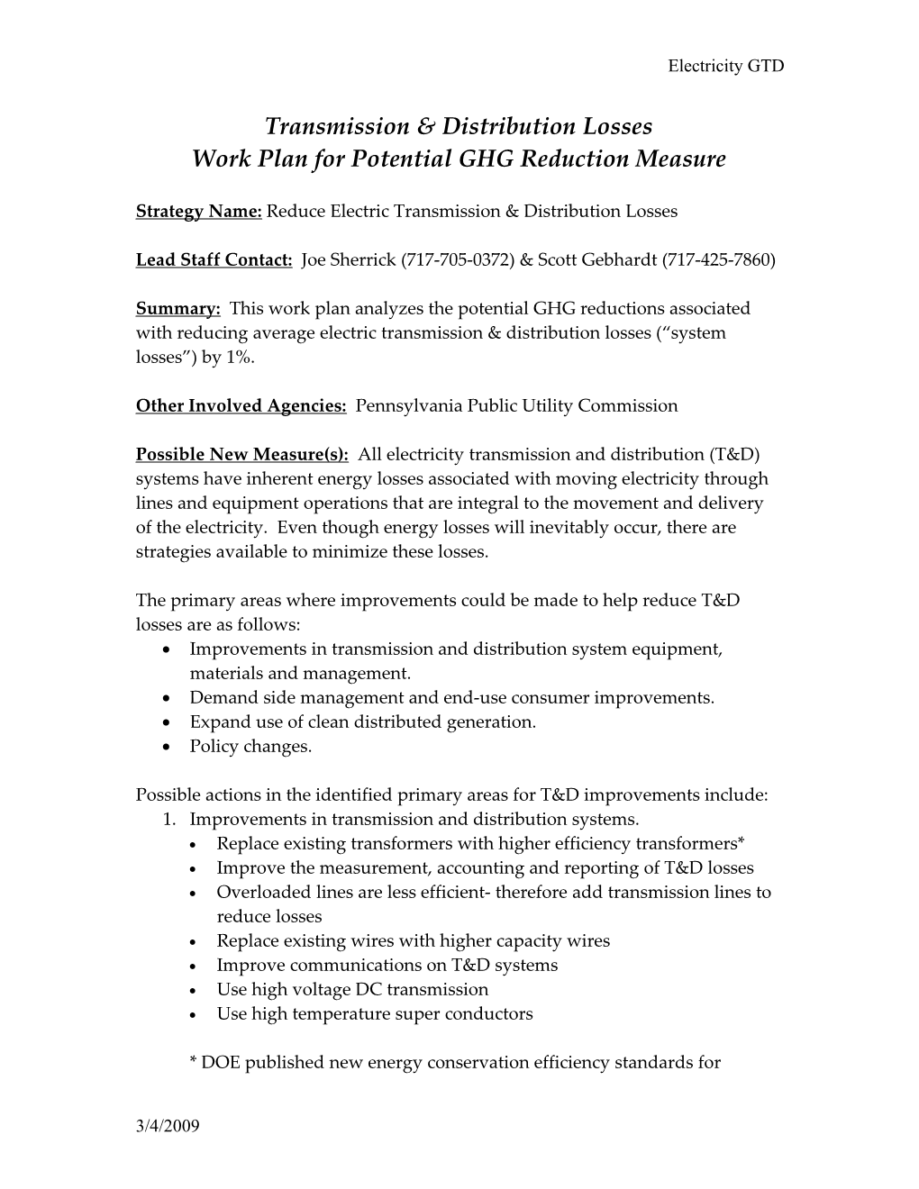 Work Plan for Potential GHG Reduction Measure