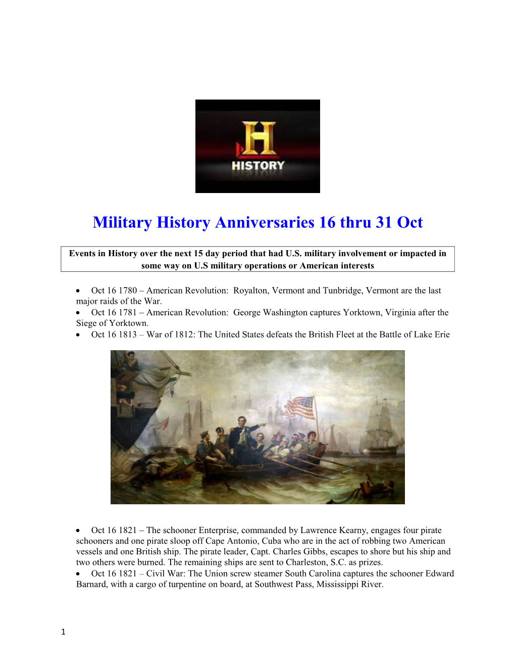 Military History Anniversaries 16 Thru 31 Oct