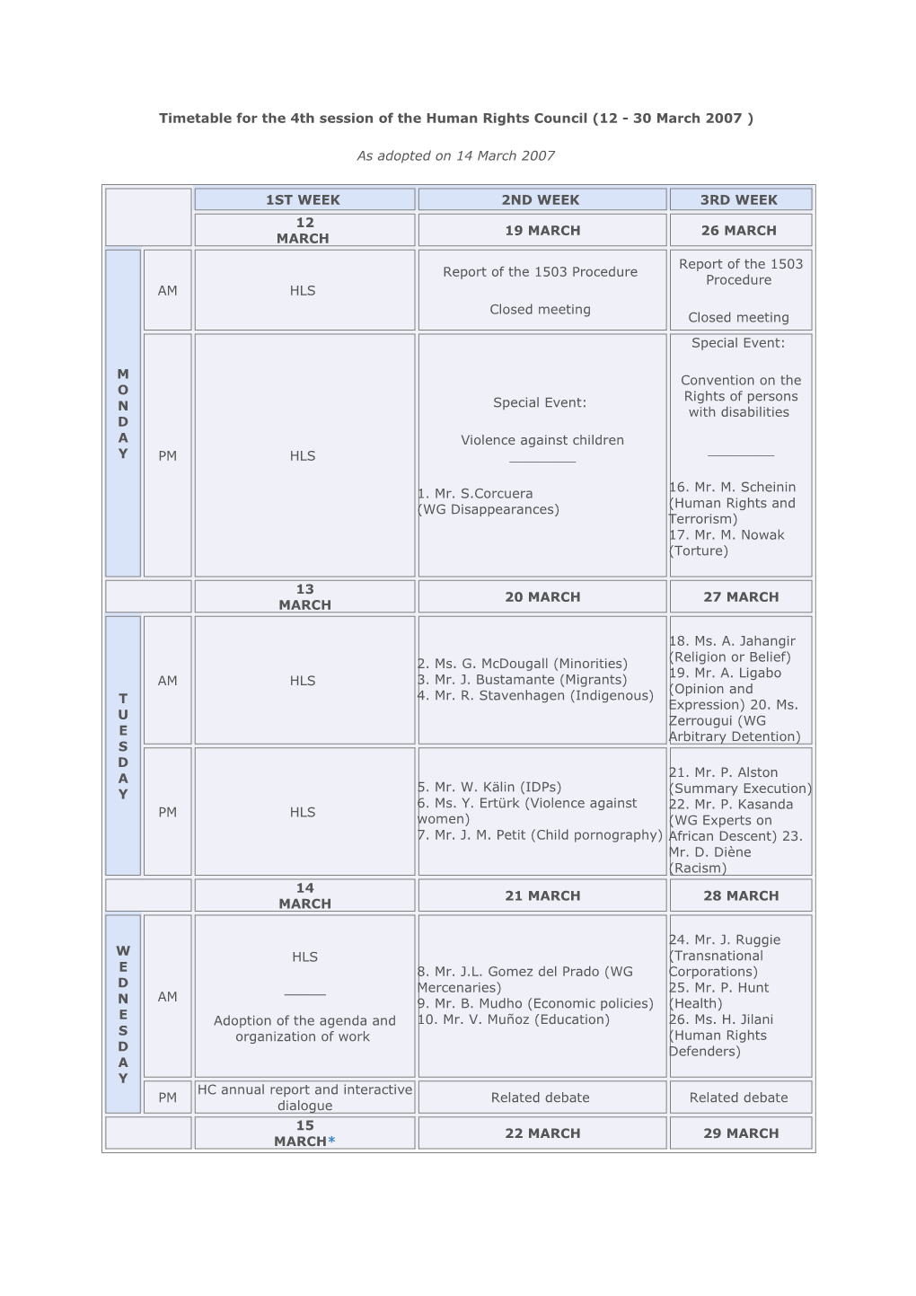 Timetable for the 4Th Session of the Human Rights Council (12 - 30 March 2007 )