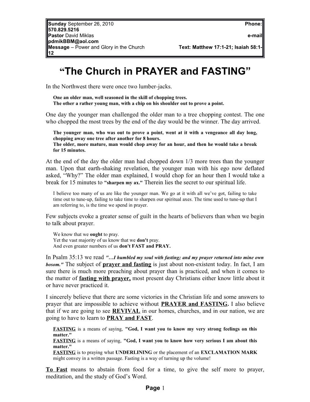 The Church in PRAYER & FASTING