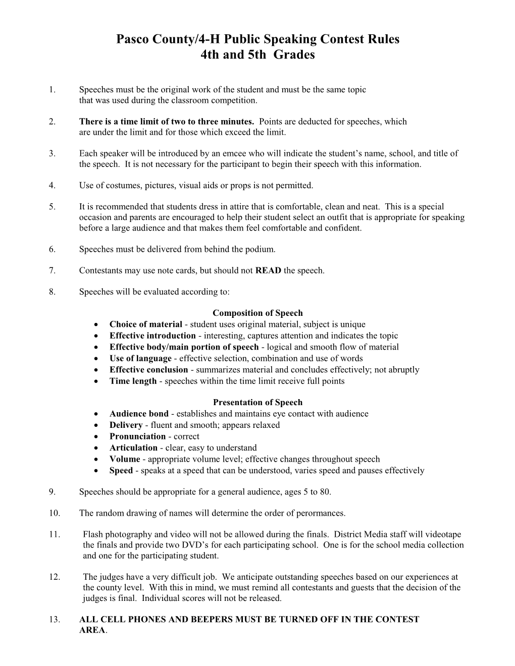 Pasco County/4-H Public Speaking Contest Rules