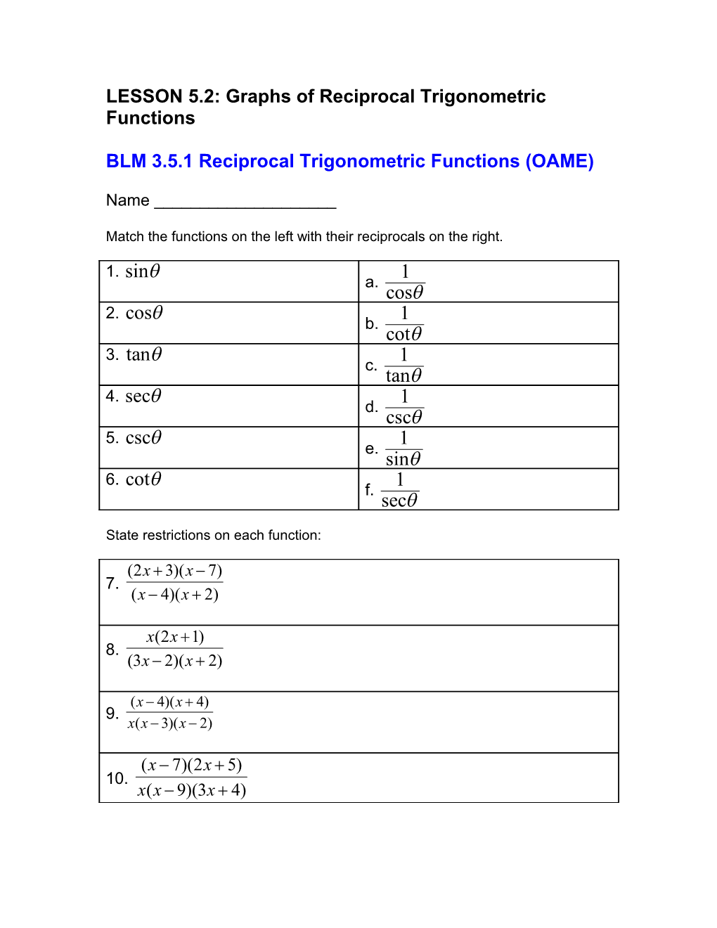 LESSON 5.2: Graphs of Reciprocal Trigonometric Functions