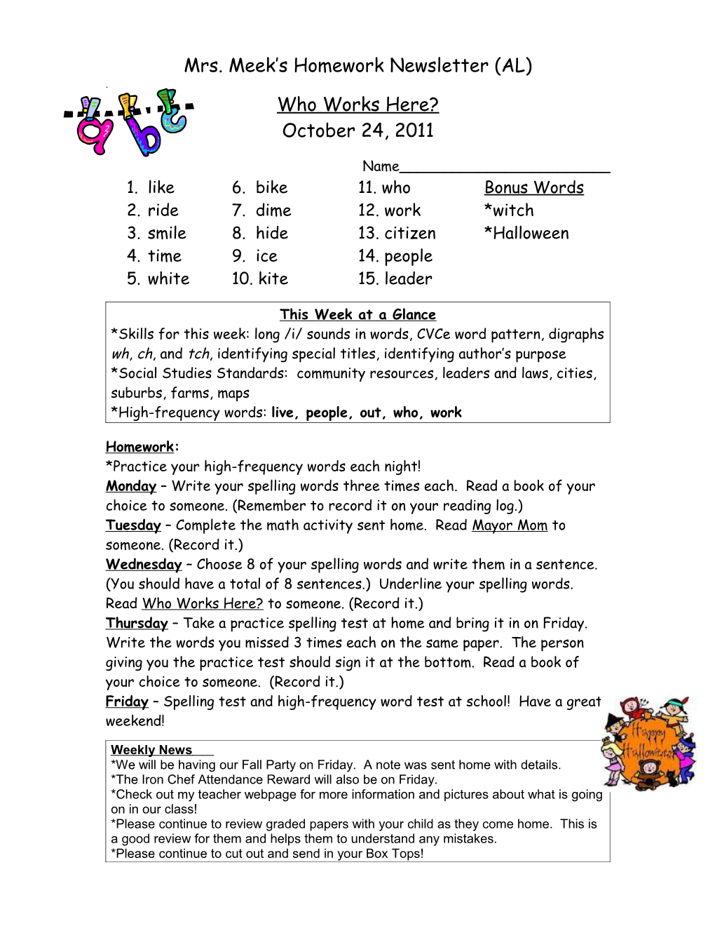 Mrs. Meek S Homework Newsletter (AL)