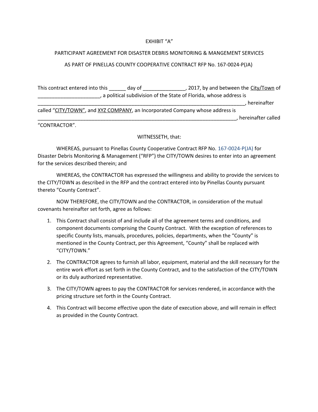 Participant Agreement for Disaster Debris Monitoring & Mangement Services