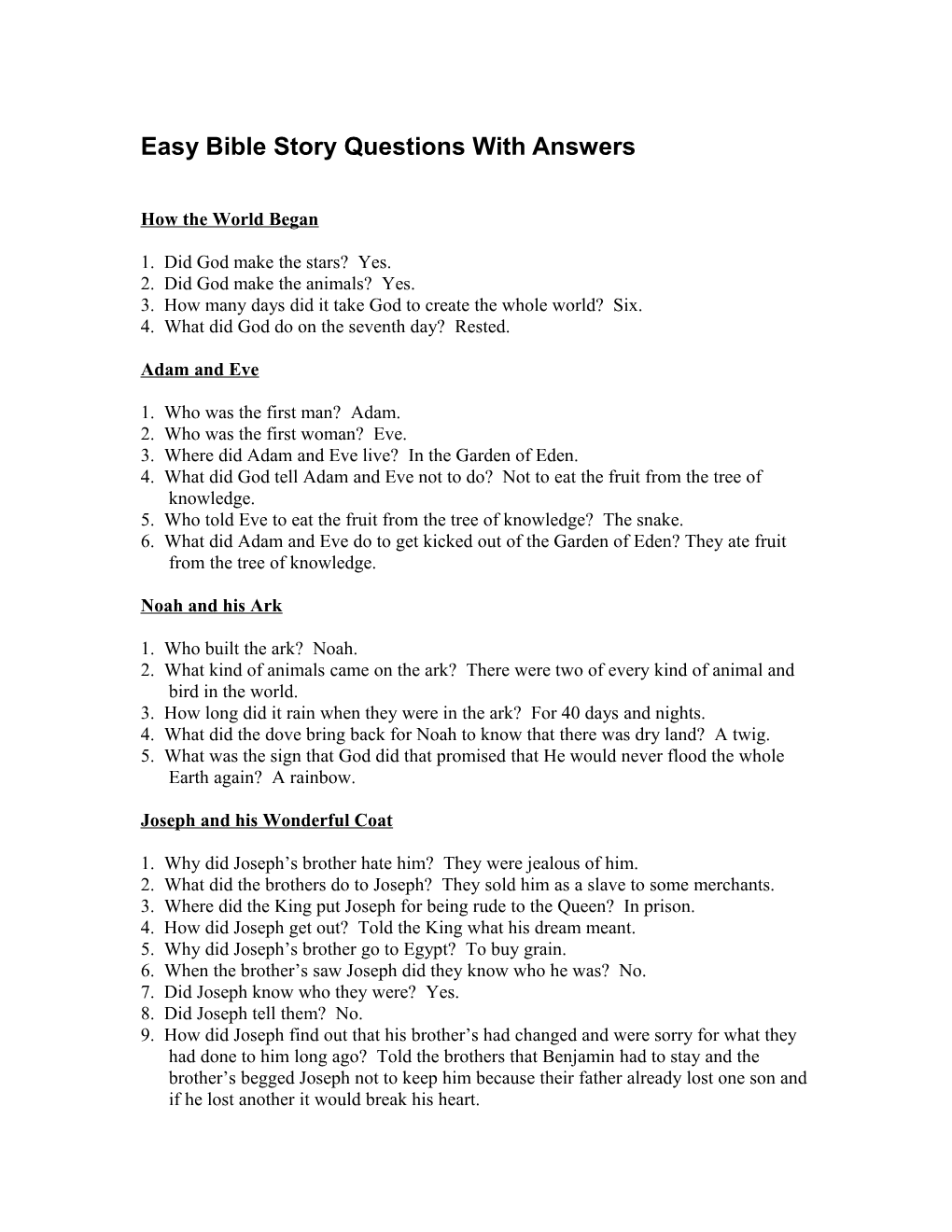 Easy Bible Story Questions with Answers